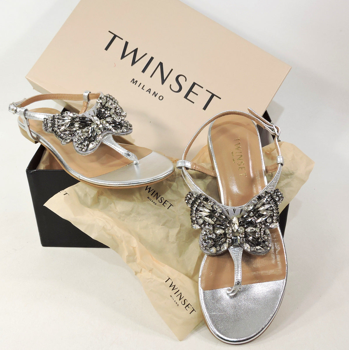 TWINSET 🇮🇹 WOMEN'S SILVER LEATHER COMFORT FLAT SUMMER SANDALS