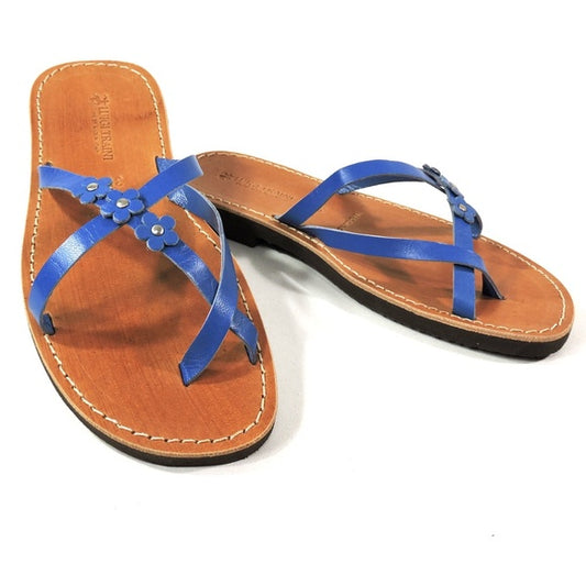LUIGI TRAINI🇮🇹 WOMEN'S BLUE  LEATHER FLAT SUMMER SANDALS